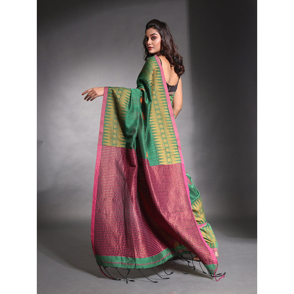 CHARUKRITI Green Pure Cotton Temple Border Saree with Unstitched Blouse