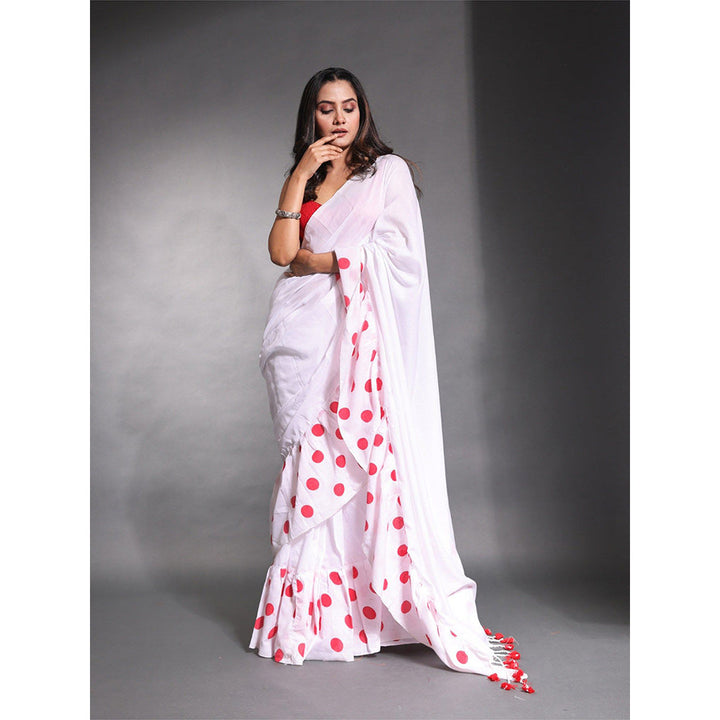 CHARUKRITI White Pure Cotton Solid Ruffle Saree with Unstitched Blouse