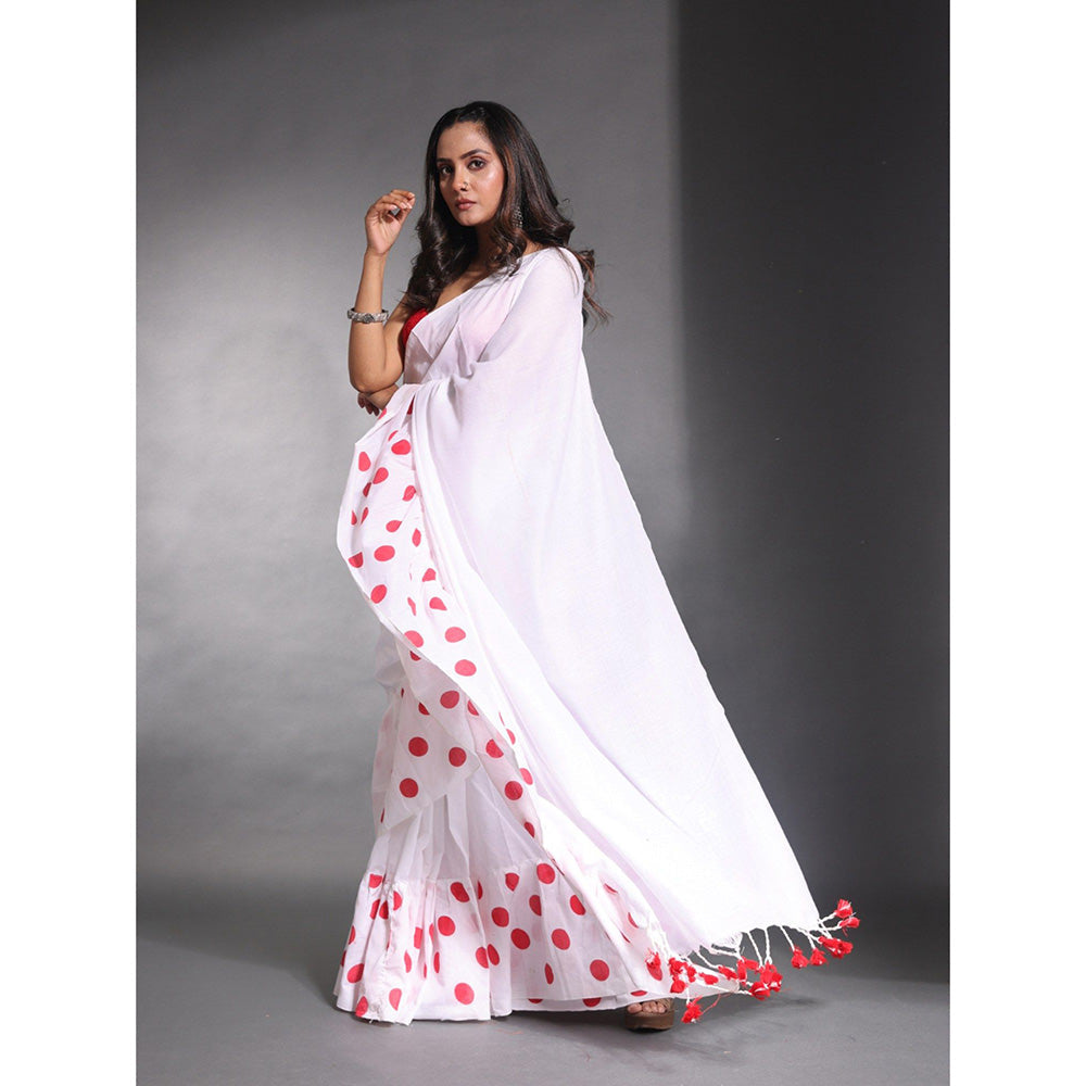 CHARUKRITI White Pure Cotton Solid Ruffle Saree with Unstitched Blouse