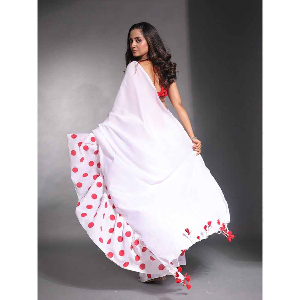 CHARUKRITI White Pure Cotton Solid Ruffle Saree with Unstitched Blouse