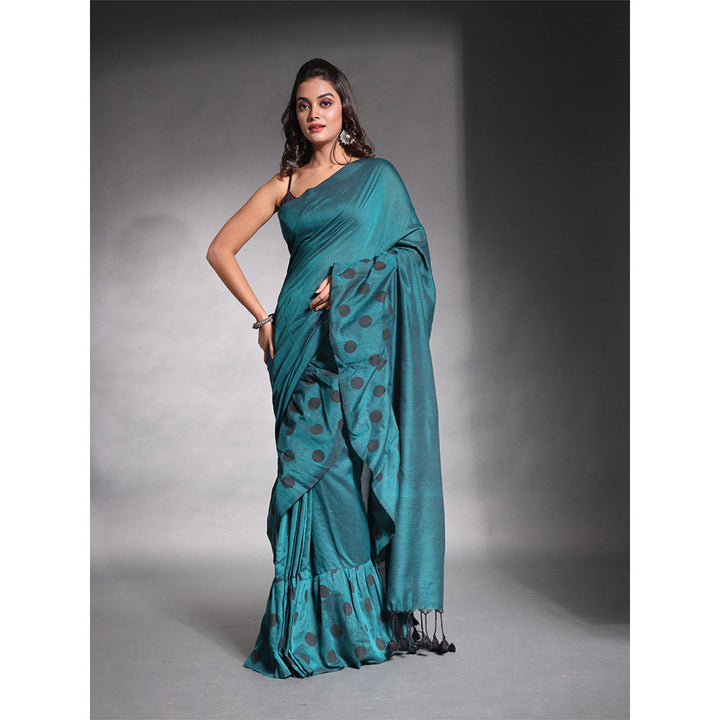 CHARUKRITI Teal Pure Cotton Solid Ruffle Saree with Unstitched Blouse