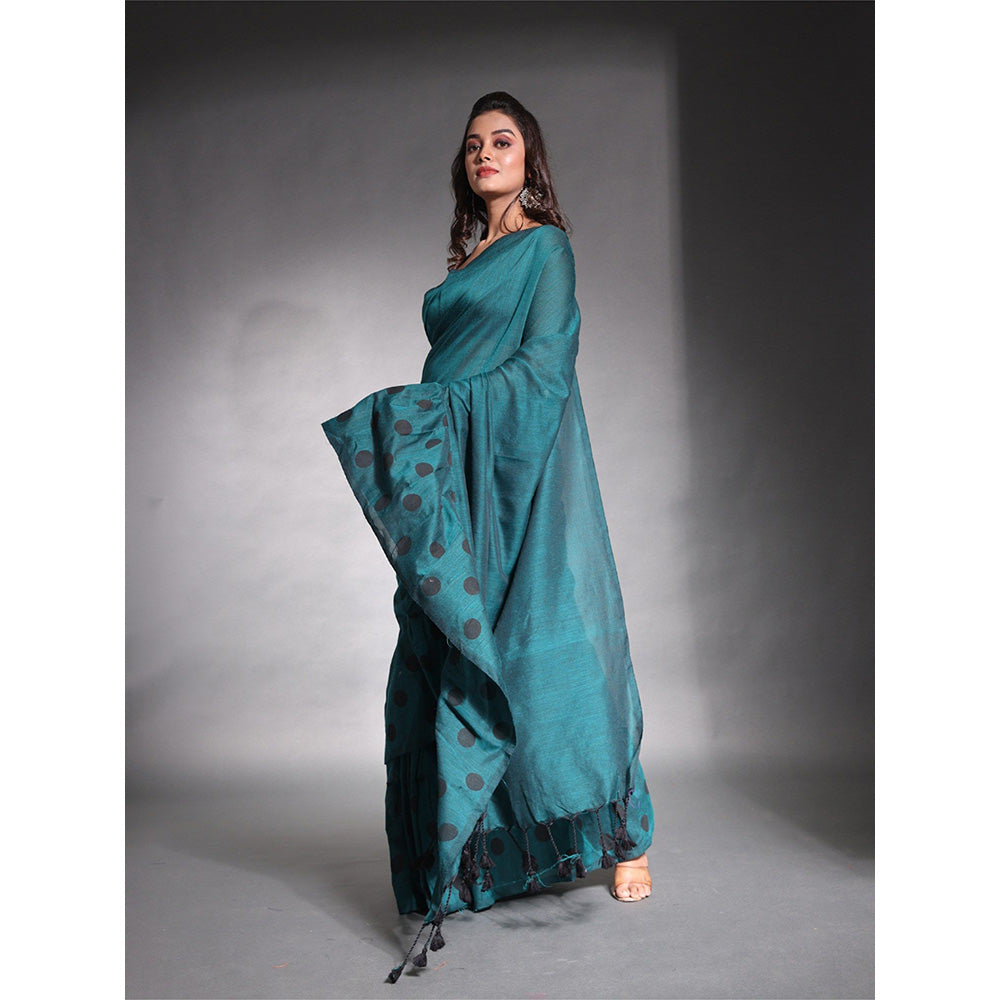 CHARUKRITI Teal Pure Cotton Solid Ruffle Saree with Unstitched Blouse