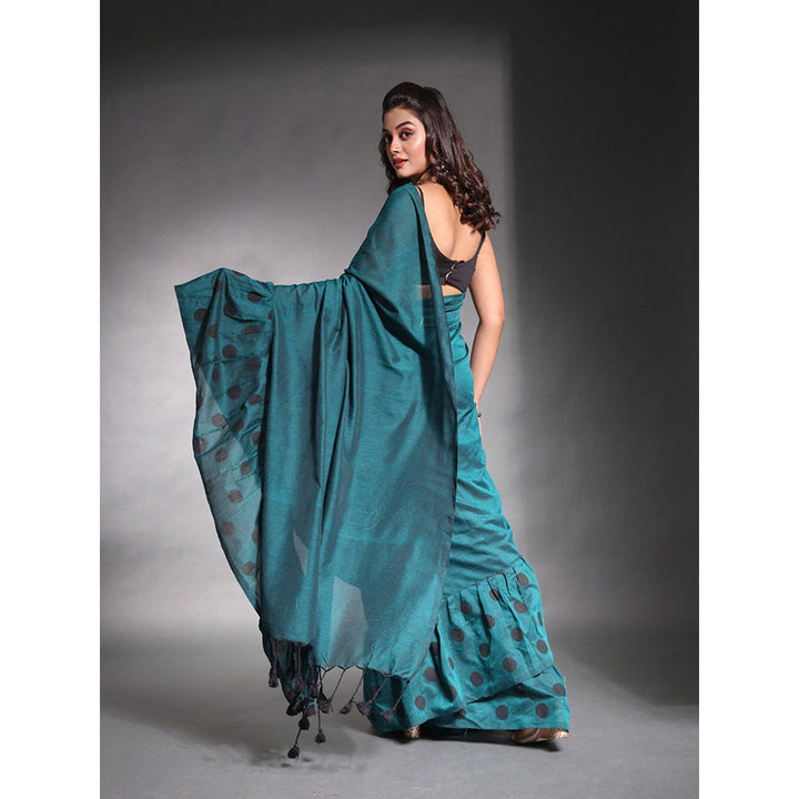 CHARUKRITI Teal Pure Cotton Solid Ruffle Saree with Unstitched Blouse