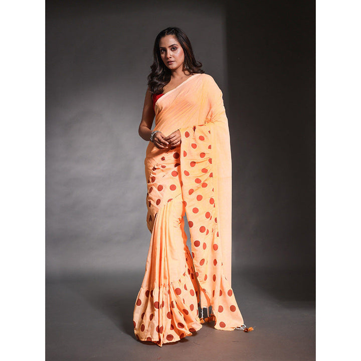 CHARUKRITI Light Orange Pure Cotton Solid Ruffle Saree with Unstitched Blouse