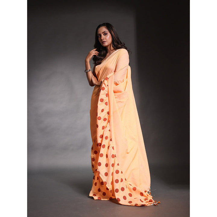 CHARUKRITI Light Orange Pure Cotton Solid Ruffle Saree with Unstitched Blouse