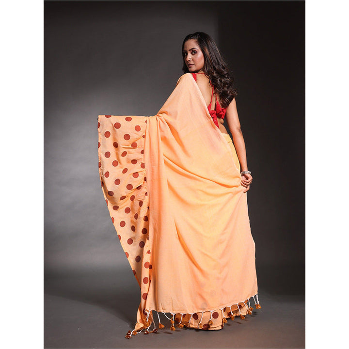 CHARUKRITI Light Orange Pure Cotton Solid Ruffle Saree with Unstitched Blouse