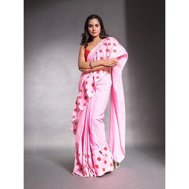 CHARUKRITI Baby Pink Pure Cotton Solid Ruffle Saree with Unstitched Blouse