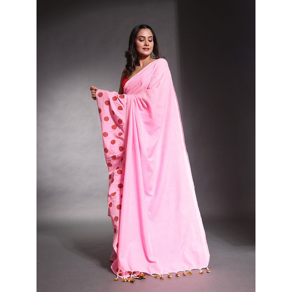 CHARUKRITI Baby Pink Pure Cotton Solid Ruffle Saree with Unstitched Blouse