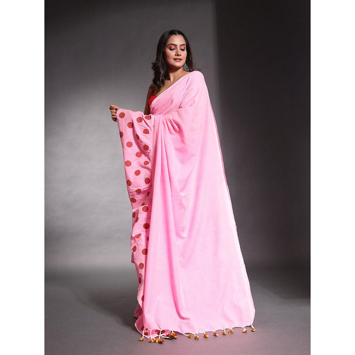 CHARUKRITI Baby Pink Pure Cotton Solid Ruffle Saree with Unstitched Blouse