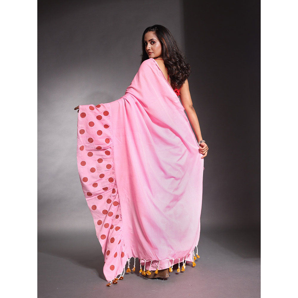 CHARUKRITI Baby Pink Pure Cotton Solid Ruffle Saree with Unstitched Blouse