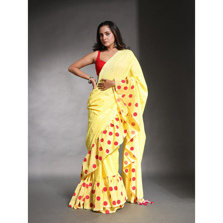 CHARUKRITI Yellow Pure Cotton Solid Ruffle Saree with Unstitched Blouse