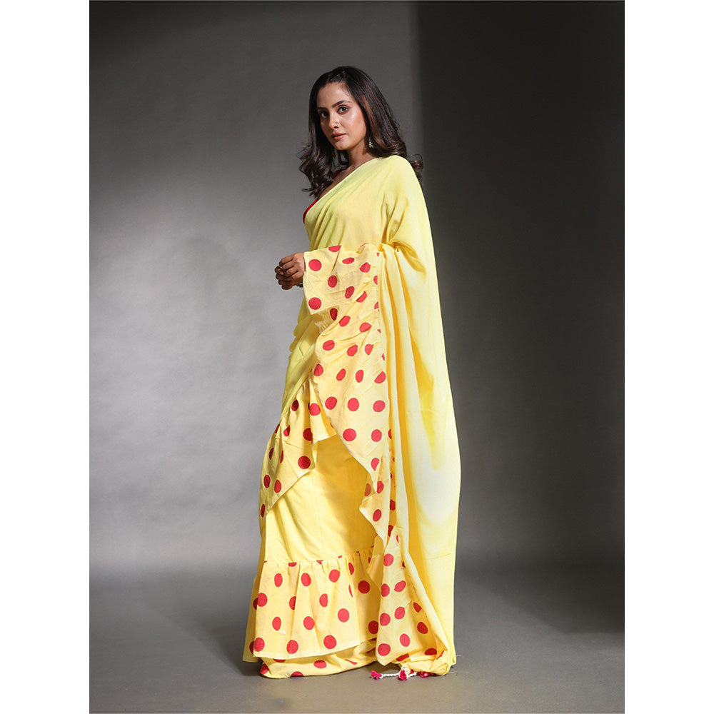 CHARUKRITI Yellow Pure Cotton Solid Ruffle Saree with Unstitched Blouse