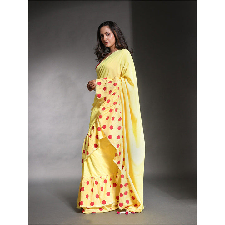 CHARUKRITI Yellow Pure Cotton Solid Ruffle Saree with Unstitched Blouse