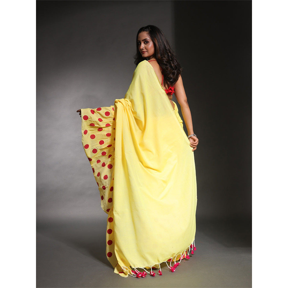 CHARUKRITI Yellow Pure Cotton Solid Ruffle Saree with Unstitched Blouse