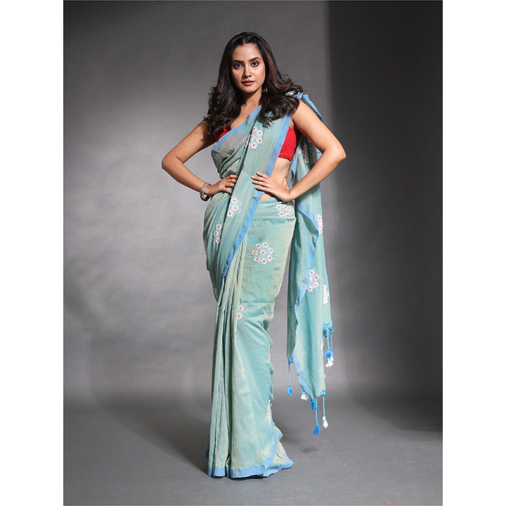 CHARUKRITI Sea Green Floral Embroidery Work Pure Cotton Soft Saree with Unstitched Blouse