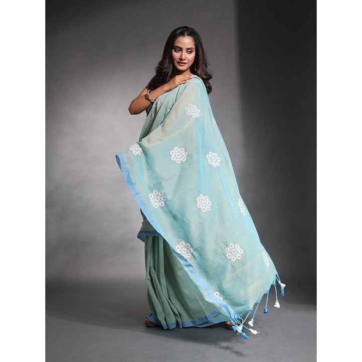 CHARUKRITI Sea Green Floral Embroidery Work Pure Cotton Soft Saree with Unstitched Blouse