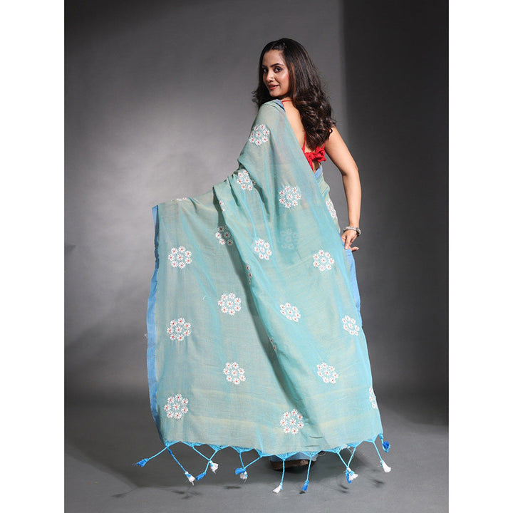 CHARUKRITI Sea Green Floral Embroidery Work Pure Cotton Soft Saree with Unstitched Blouse