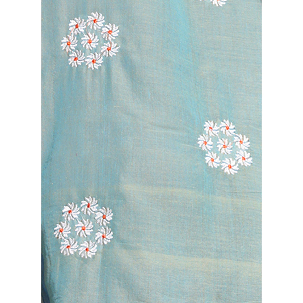 CHARUKRITI Sea Green Floral Embroidery Work Pure Cotton Soft Saree with Unstitched Blouse