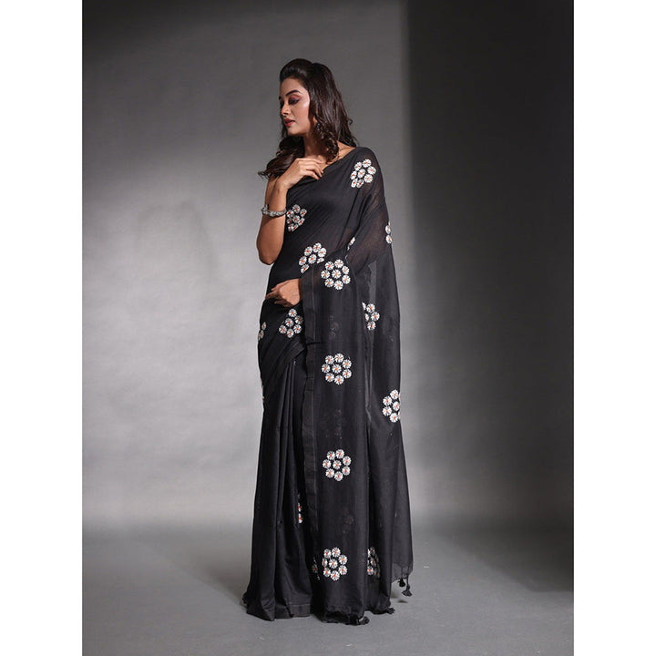 CHARUKRITI Black Floral Embroidery Work Pure Cotton Soft Saree with Unstitched Blouse