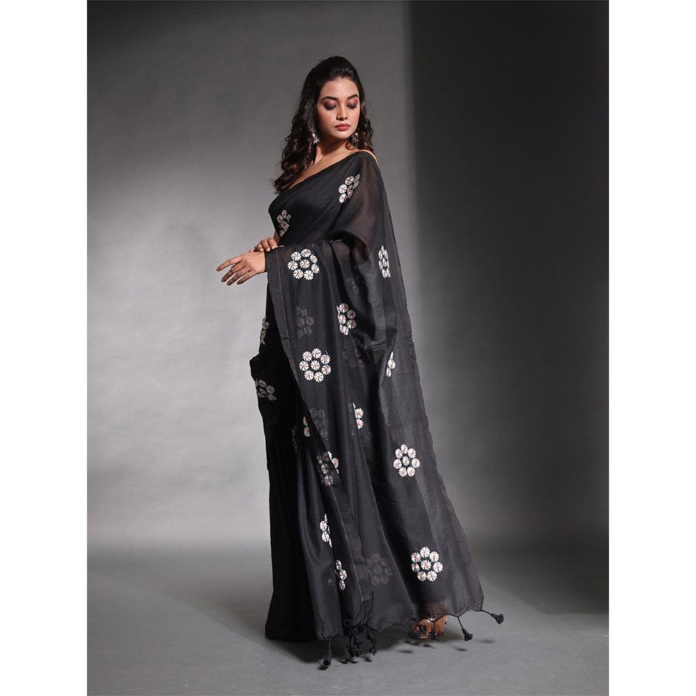 CHARUKRITI Black Floral Embroidery Work Pure Cotton Soft Saree with Unstitched Blouse