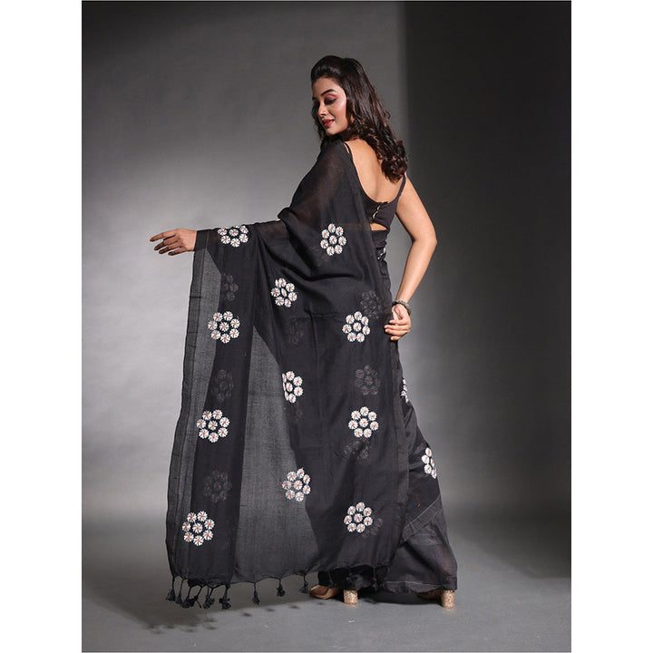 CHARUKRITI Black Floral Embroidery Work Pure Cotton Soft Saree with Unstitched Blouse