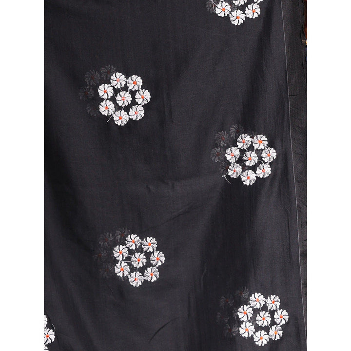 CHARUKRITI Black Floral Embroidery Work Pure Cotton Soft Saree with Unstitched Blouse