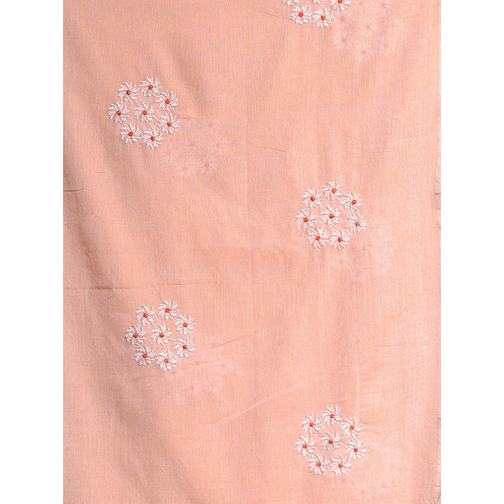 CHARUKRITI Peach Floral Embroidery Work Pure Cotton Soft Saree with Unstitched Blouse