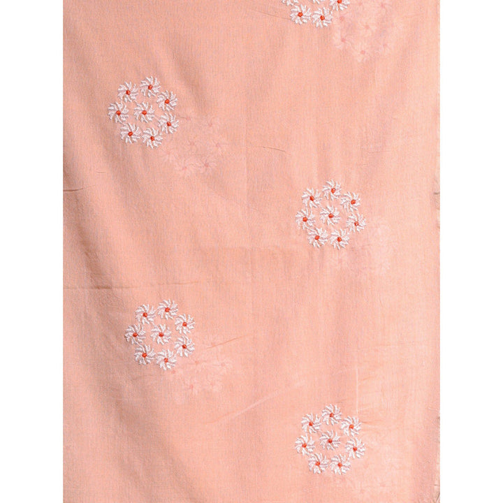 CHARUKRITI Peach Floral Embroidery Work Pure Cotton Soft Saree with Unstitched Blouse