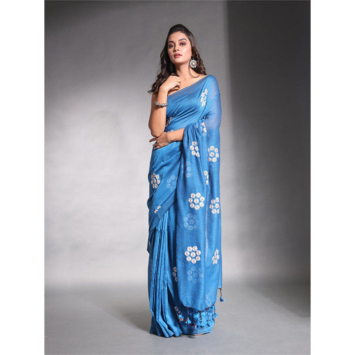 CHARUKRITI Teal Floral Embroidery Work Pure Cotton Soft Saree with Unstitched Blouse