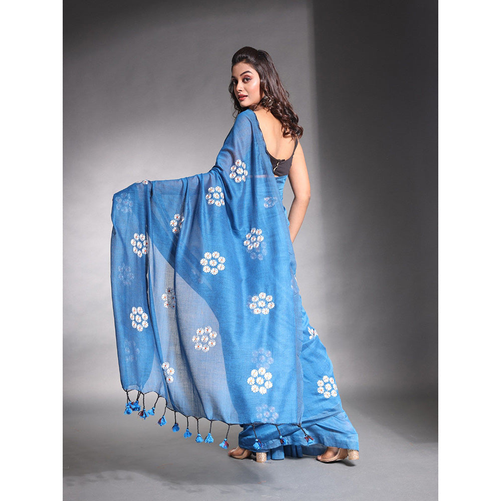 CHARUKRITI Teal Floral Embroidery Work Pure Cotton Soft Saree with Unstitched Blouse