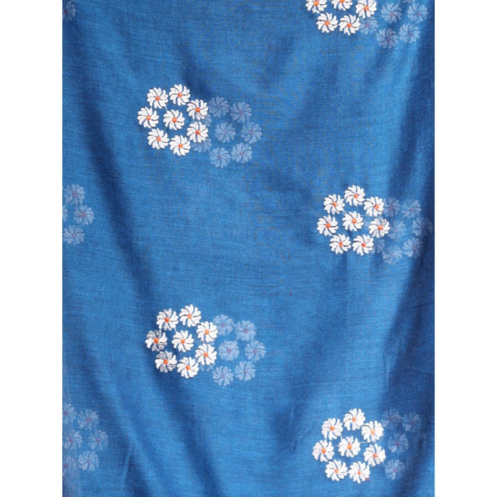 CHARUKRITI Teal Floral Embroidery Work Pure Cotton Soft Saree with Unstitched Blouse