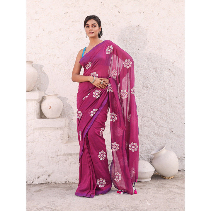 CHARUKRITI Magenta Floral Embroidery Work Pure Cotton Soft Saree with Unstitched Blouse