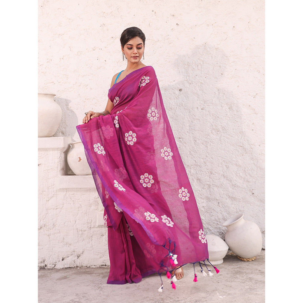 CHARUKRITI Magenta Floral Embroidery Work Pure Cotton Soft Saree with Unstitched Blouse