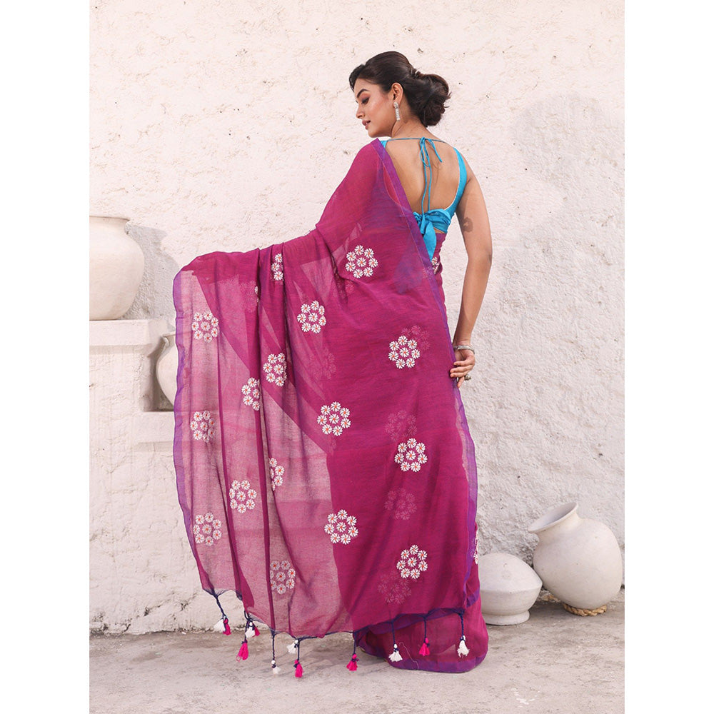 CHARUKRITI Magenta Floral Embroidery Work Pure Cotton Soft Saree with Unstitched Blouse