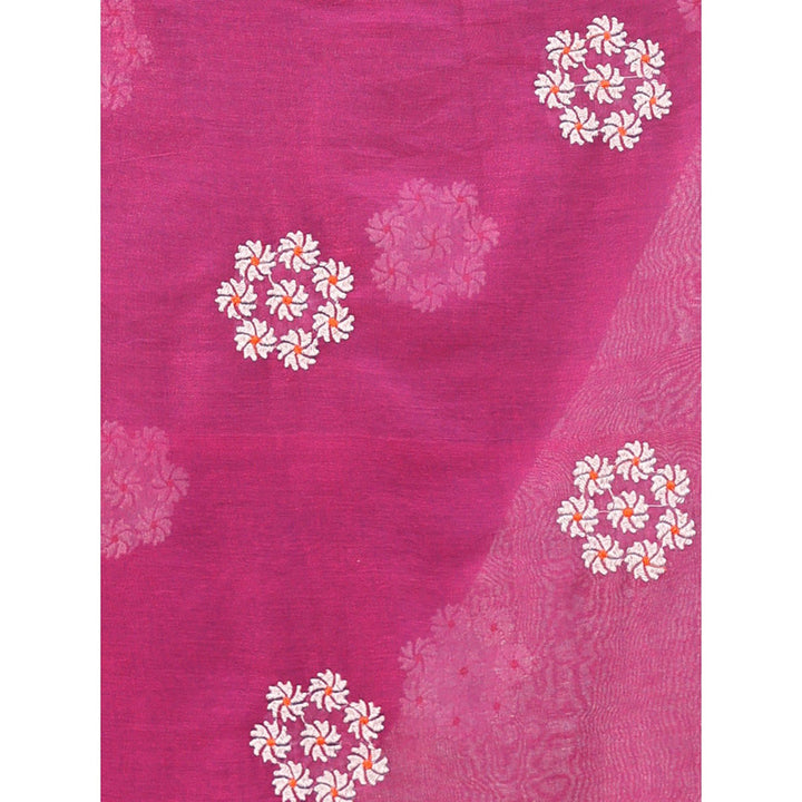 CHARUKRITI Magenta Floral Embroidery Work Pure Cotton Soft Saree with Unstitched Blouse