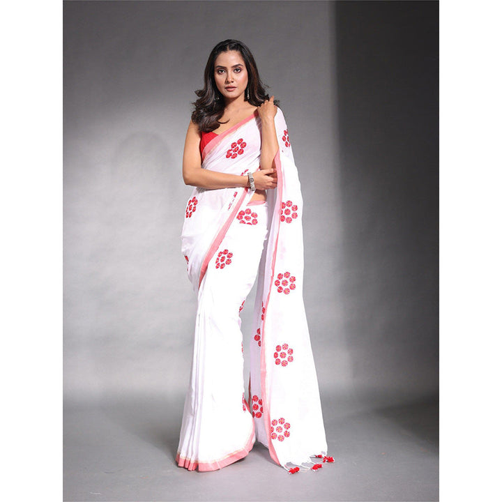 CHARUKRITI White Floral Embroidery Work Pure Cotton Soft Saree with Unstitched Blouse