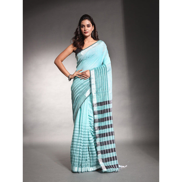 CHARUKRITI Sea Green Stripes Pattern Pure Cotton Soft Saree with Unstitched Blouse