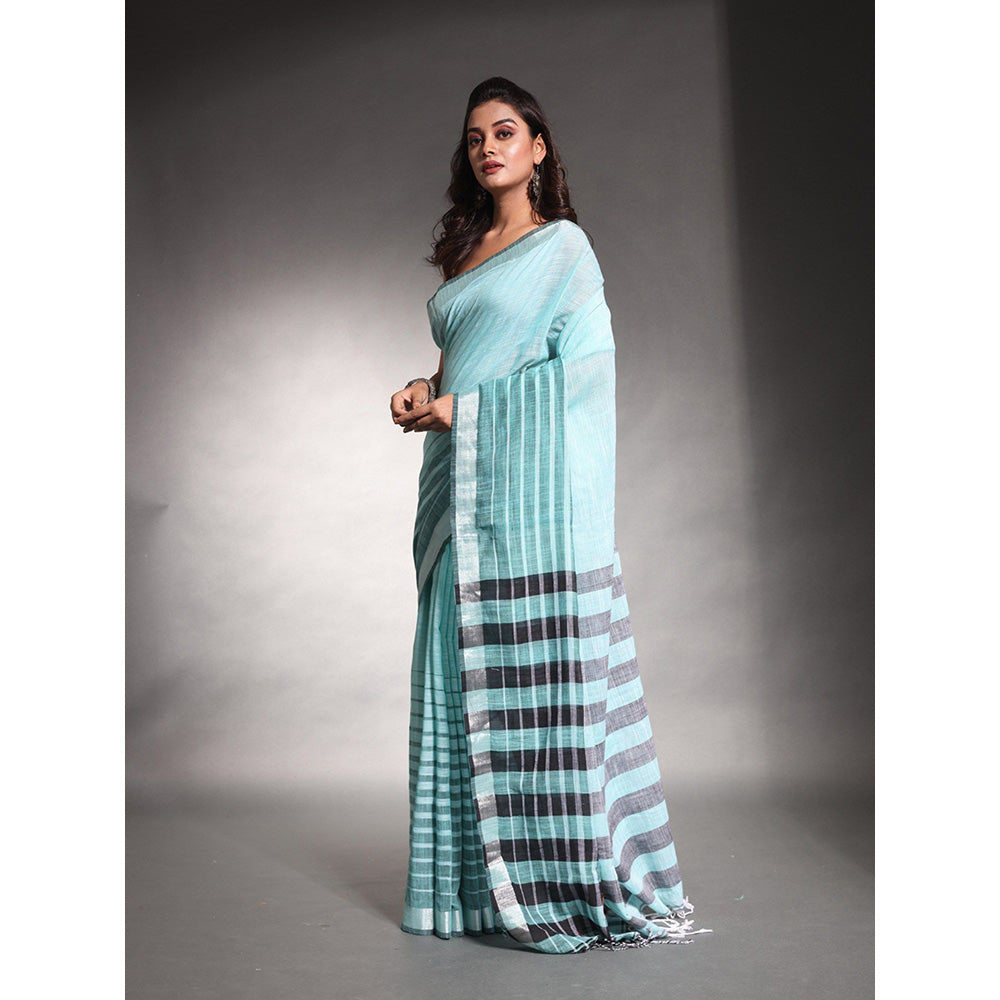 CHARUKRITI Sea Green Stripes Pattern Pure Cotton Soft Saree with Unstitched Blouse