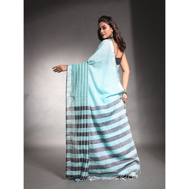 CHARUKRITI Sea Green Stripes Pattern Pure Cotton Soft Saree with Unstitched Blouse