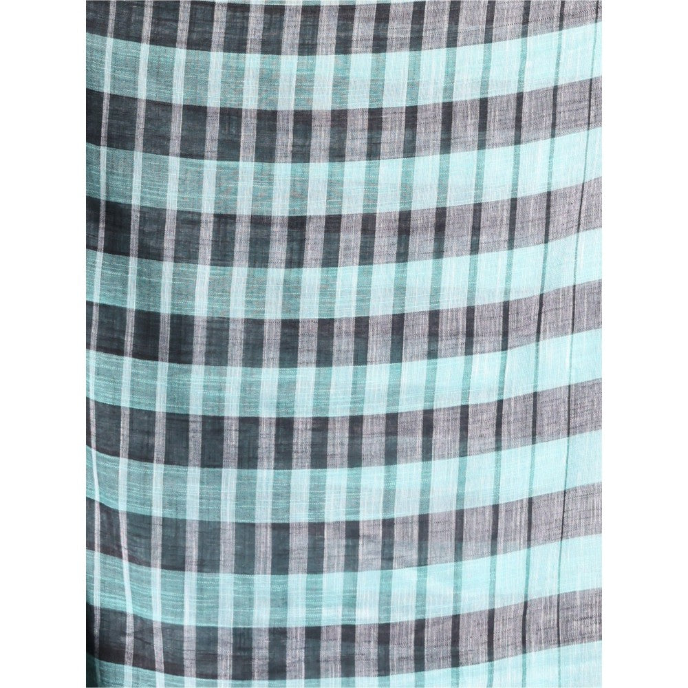 CHARUKRITI Sea Green Stripes Pattern Pure Cotton Soft Saree with Unstitched Blouse