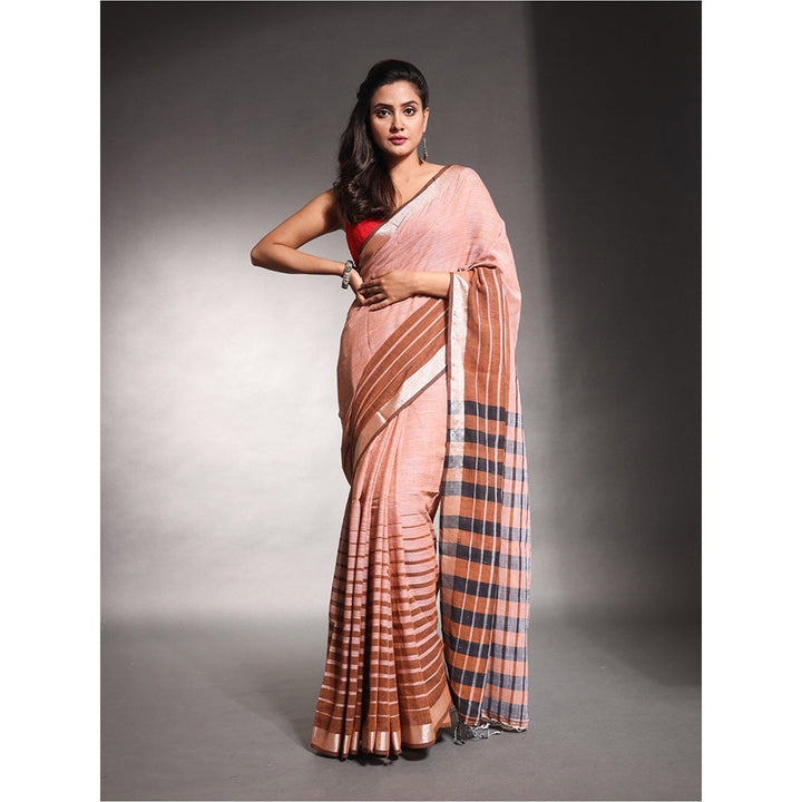 CHARUKRITI Peach Stripes Pattern Pure Cotton Soft Saree with Unstitched Blouse