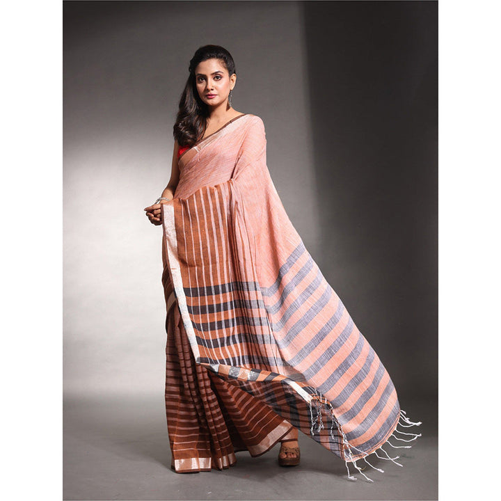 CHARUKRITI Peach Stripes Pattern Pure Cotton Soft Saree with Unstitched Blouse