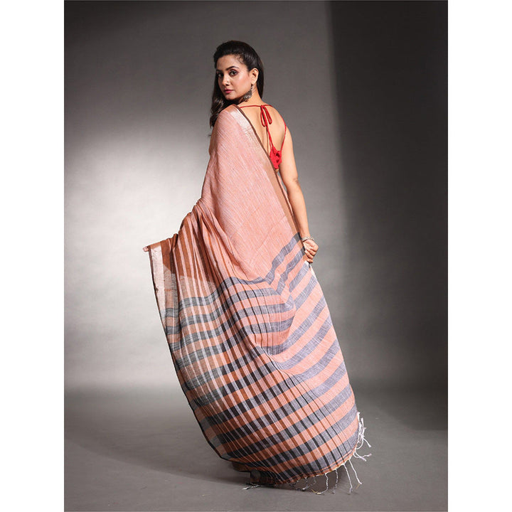 CHARUKRITI Peach Stripes Pattern Pure Cotton Soft Saree with Unstitched Blouse