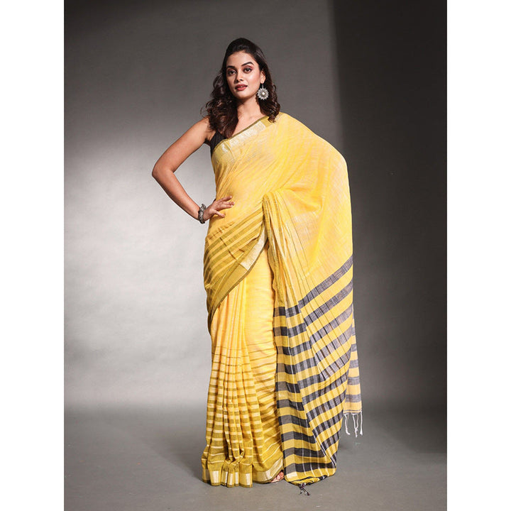 CHARUKRITI Yellow Stripes Pattern Pure Cotton Soft Saree with Unstitched Blouse