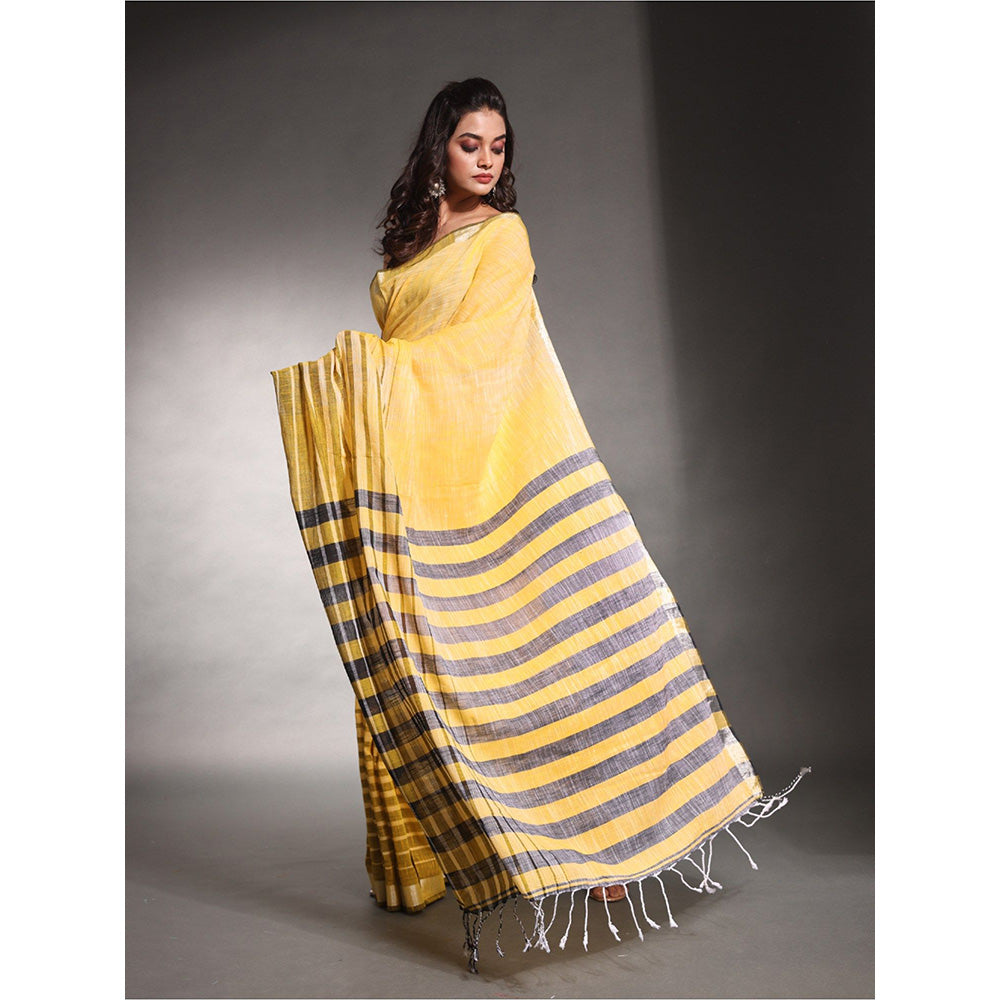 CHARUKRITI Yellow Stripes Pattern Pure Cotton Soft Saree with Unstitched Blouse