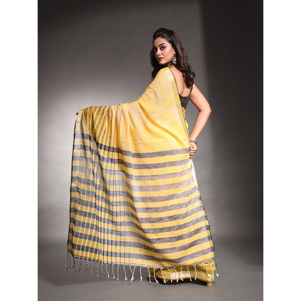 CHARUKRITI Yellow Stripes Pattern Pure Cotton Soft Saree with Unstitched Blouse