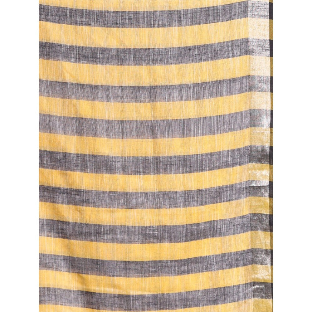 CHARUKRITI Yellow Stripes Pattern Pure Cotton Soft Saree with Unstitched Blouse