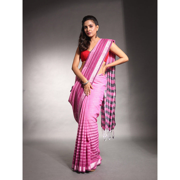 CHARUKRITI Pink Stripes Pattern Pure Cotton Soft Saree with Unstitched Blouse