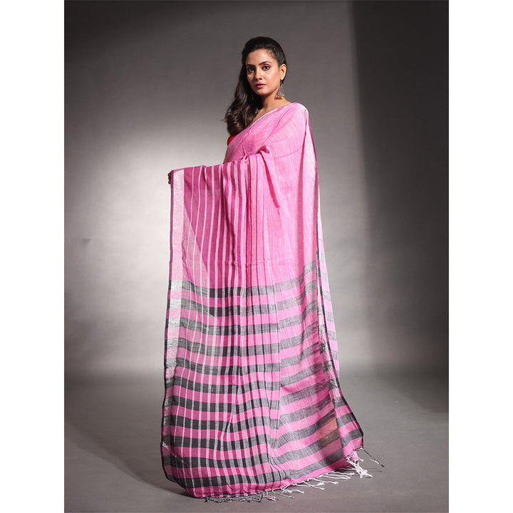 CHARUKRITI Pink Stripes Pattern Pure Cotton Soft Saree with Unstitched Blouse