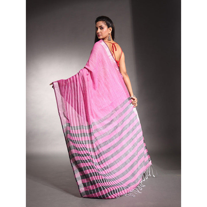 CHARUKRITI Pink Stripes Pattern Pure Cotton Soft Saree with Unstitched Blouse